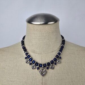 Vintage Blue Beaded Silver Necklace & Earring Set